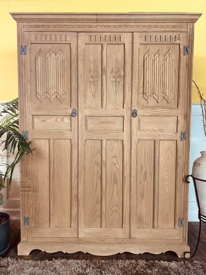 Stripped & Waxed Old Charm Oak Triple Wardrobe With Full Width Hanging And Internal Mirrors. photo for sale
