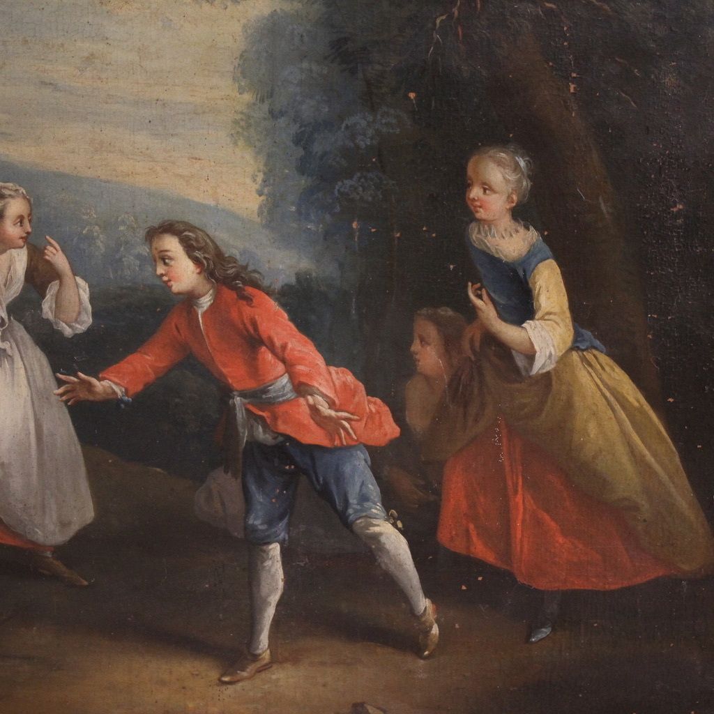 Antique French Painting Of Children Playing From The 18th Century photo for sale