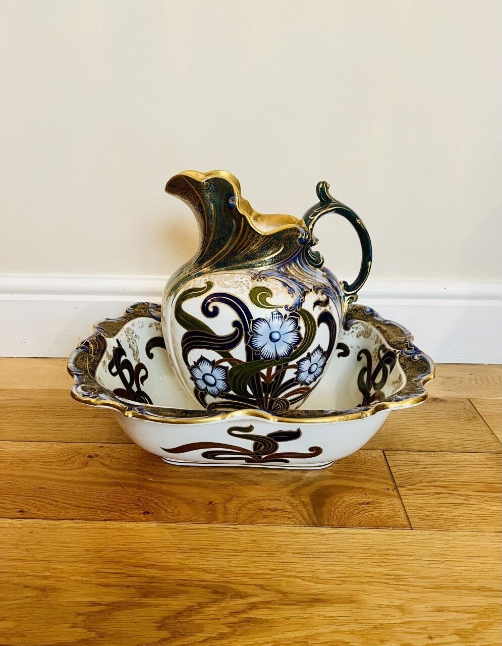 Rare Pair Of Victorian Quality Doulton Burslem Jug & Bowl Set photo vinterior