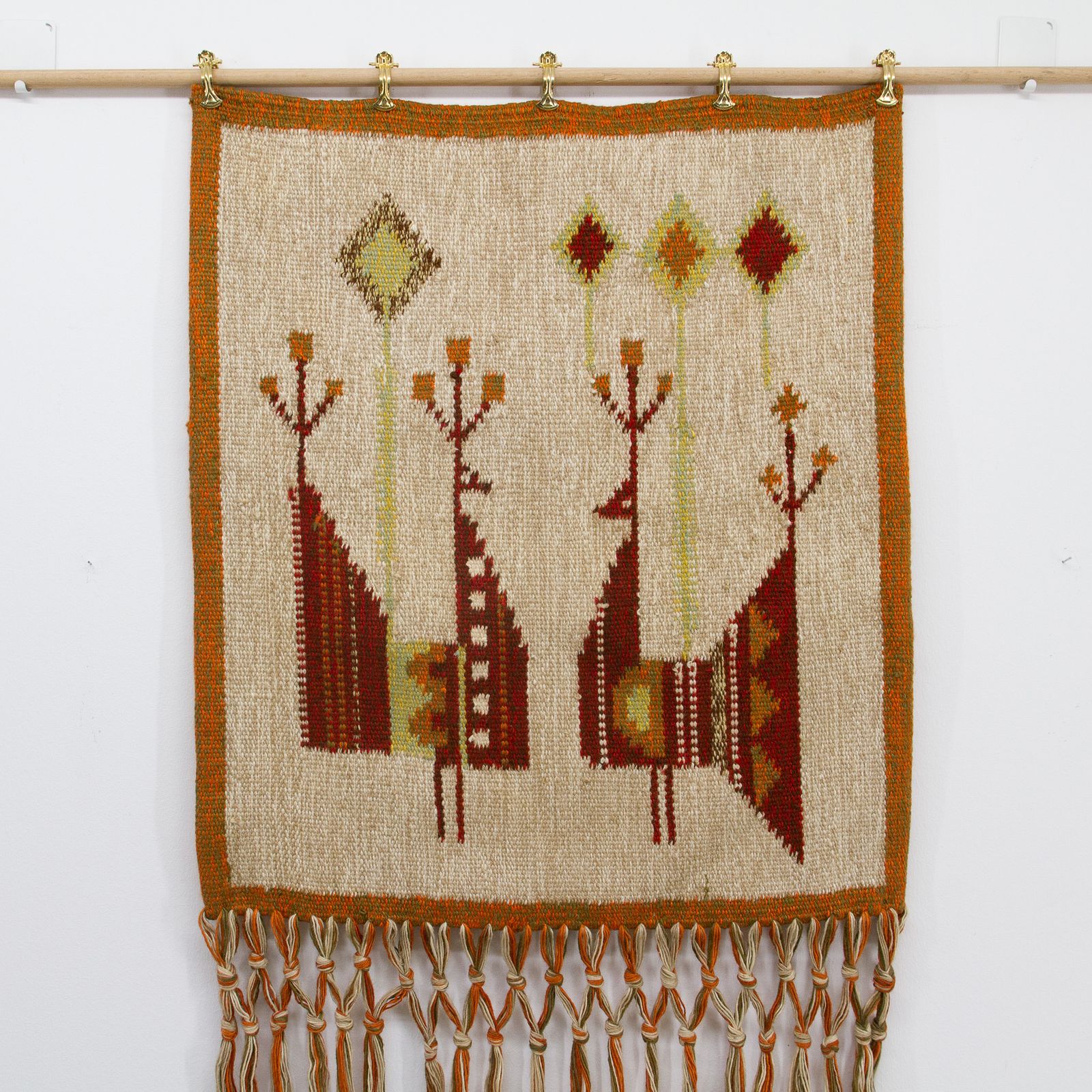 Art Mid Century 1970s Handwoven Wool Wall Hanging W Stylized Peacocks, By Eva Nemeth photo