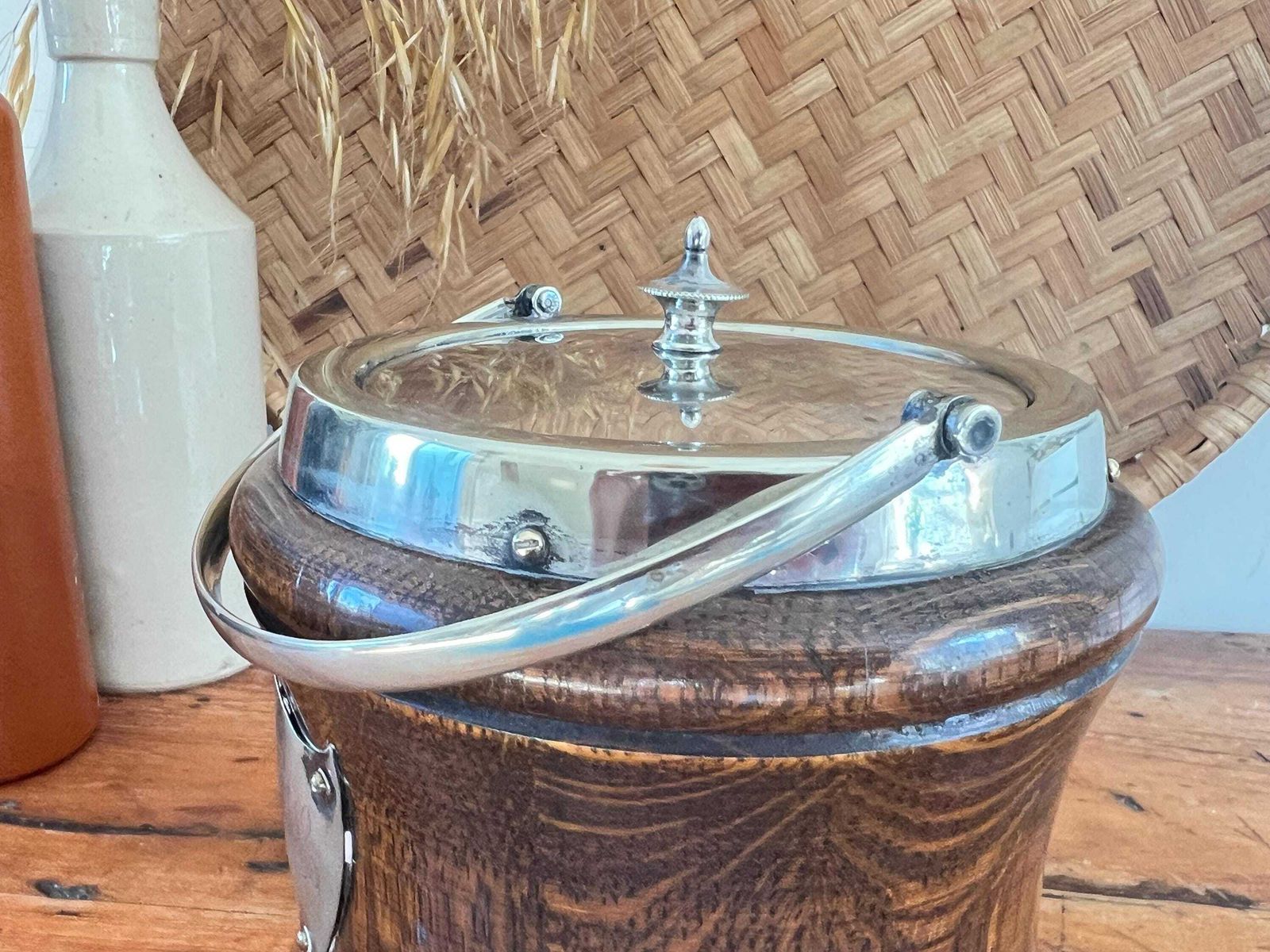 Rare Waisted Oak & Silver Plate Ice Bucket – Hourglass Biscuit Barrel – Antique English Treen – Monogrammed Silver Shield – Barware Decor photo buy