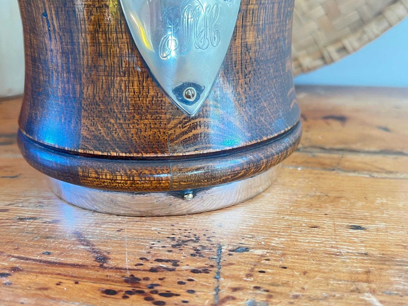 photo vintage Rare Waisted Oak & Silver Plate Ice Bucket – Hourglass Biscuit Barrel – Antique English Treen – Monogrammed Silver Shield – Barware Decor