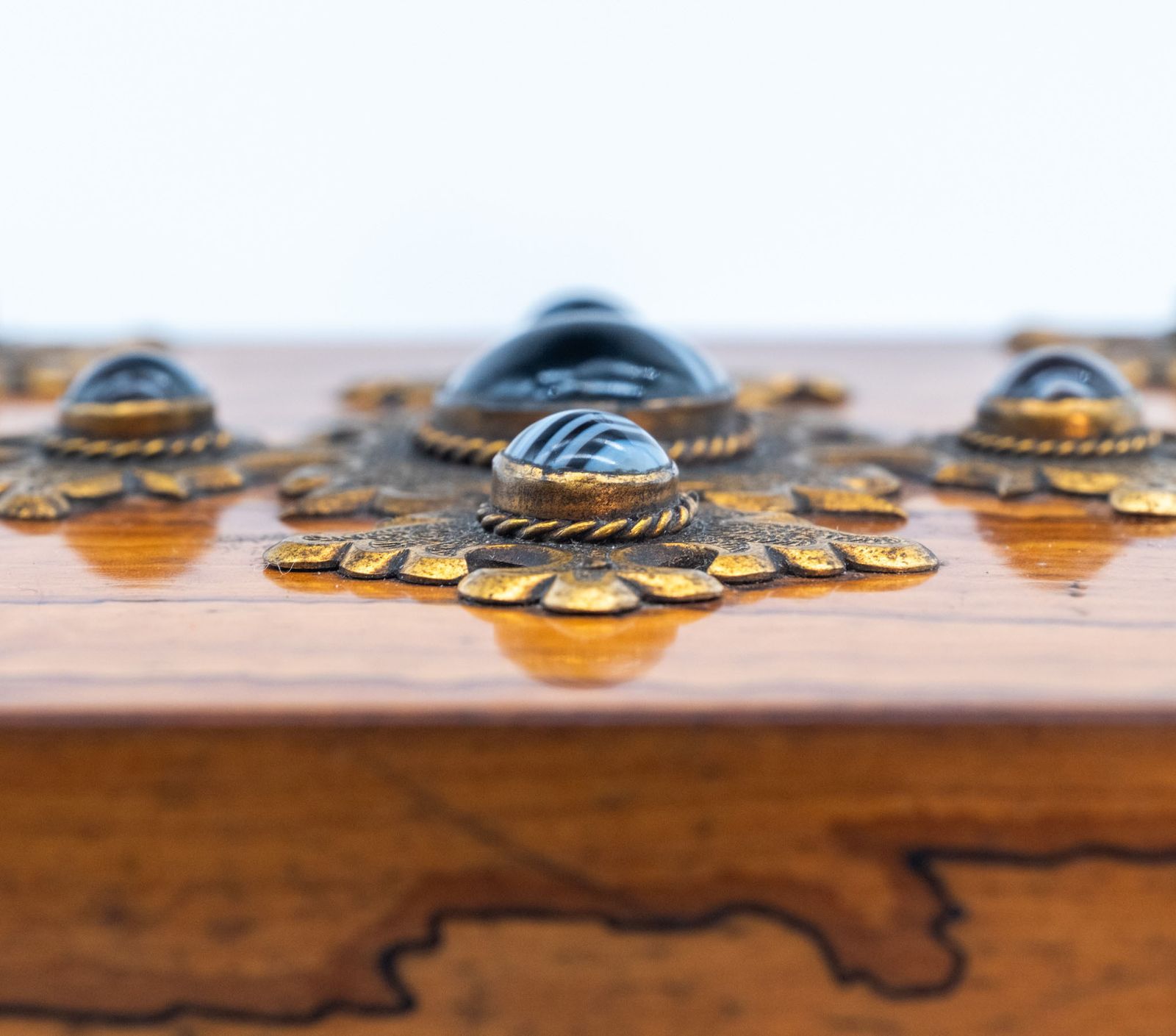 photo furniture Gothic Revival Olive Wood With Banded Agate Cabochons Jewellery Casket Box Circa 1880
