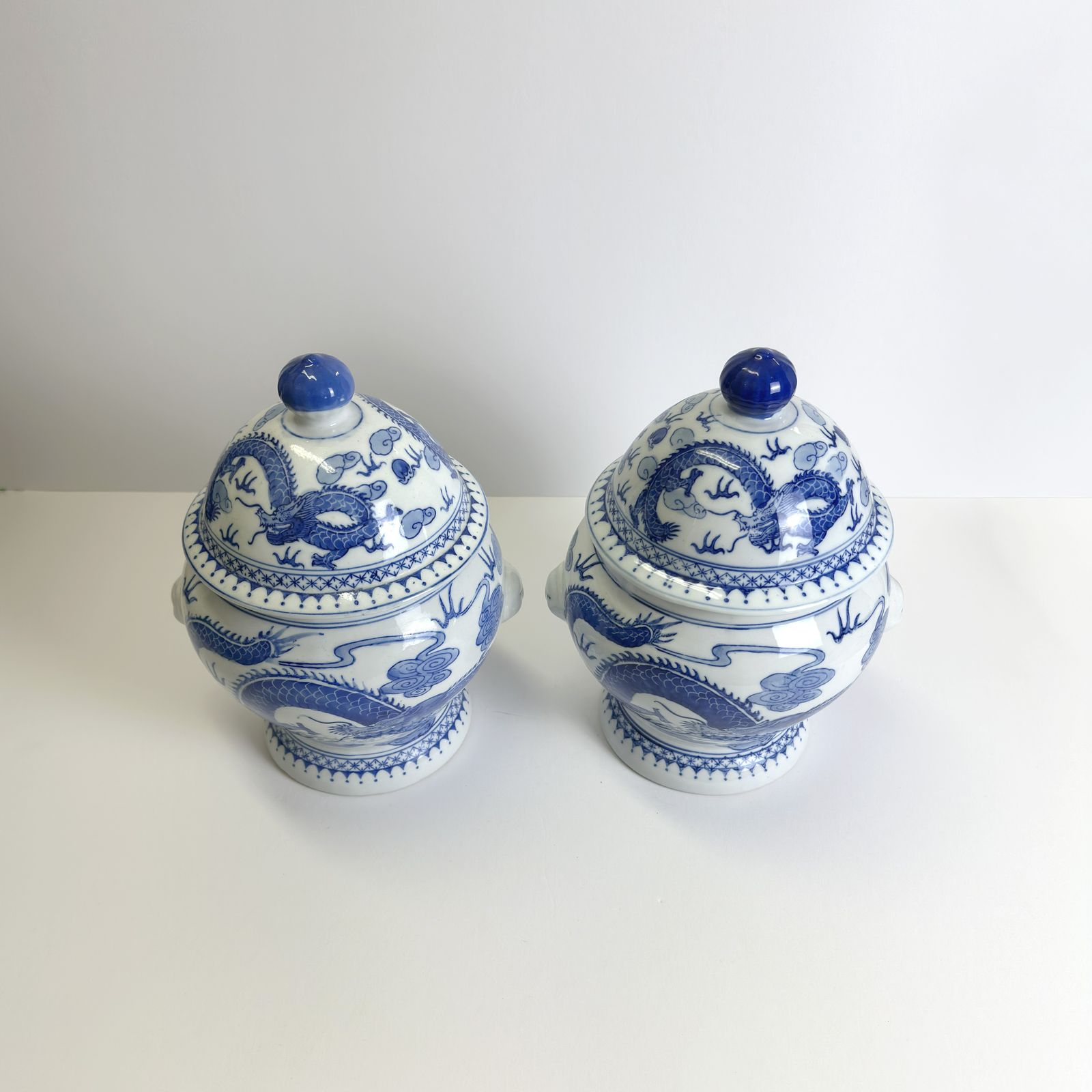 Pair Of Blue And White Porcelain Ginger Jars With Dragon Motif, Qing Style photo for sale