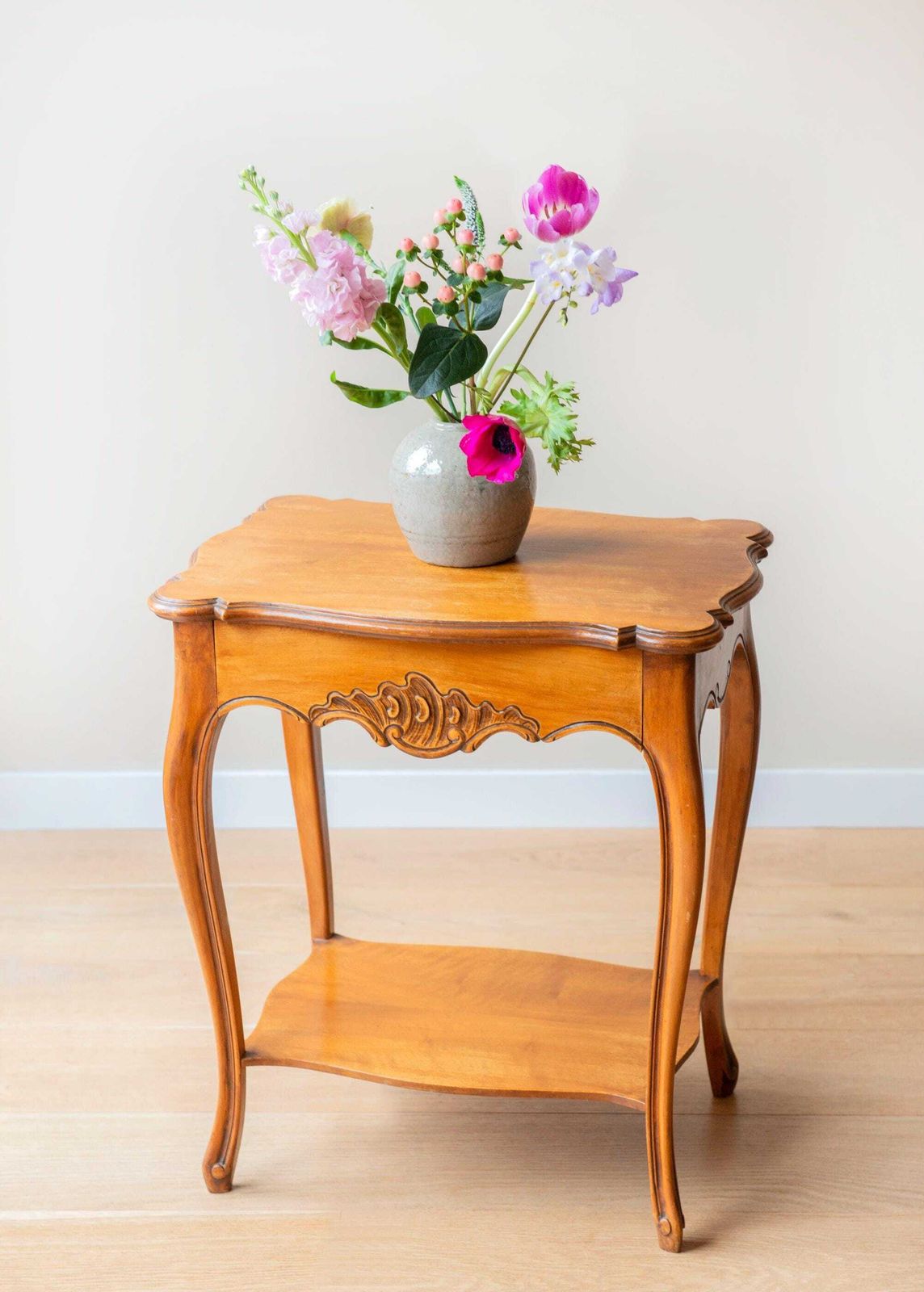 Vintage French Country Side Table With Drawer And Shelf – Rustic Accent Table With Scalloped Top photo furniture