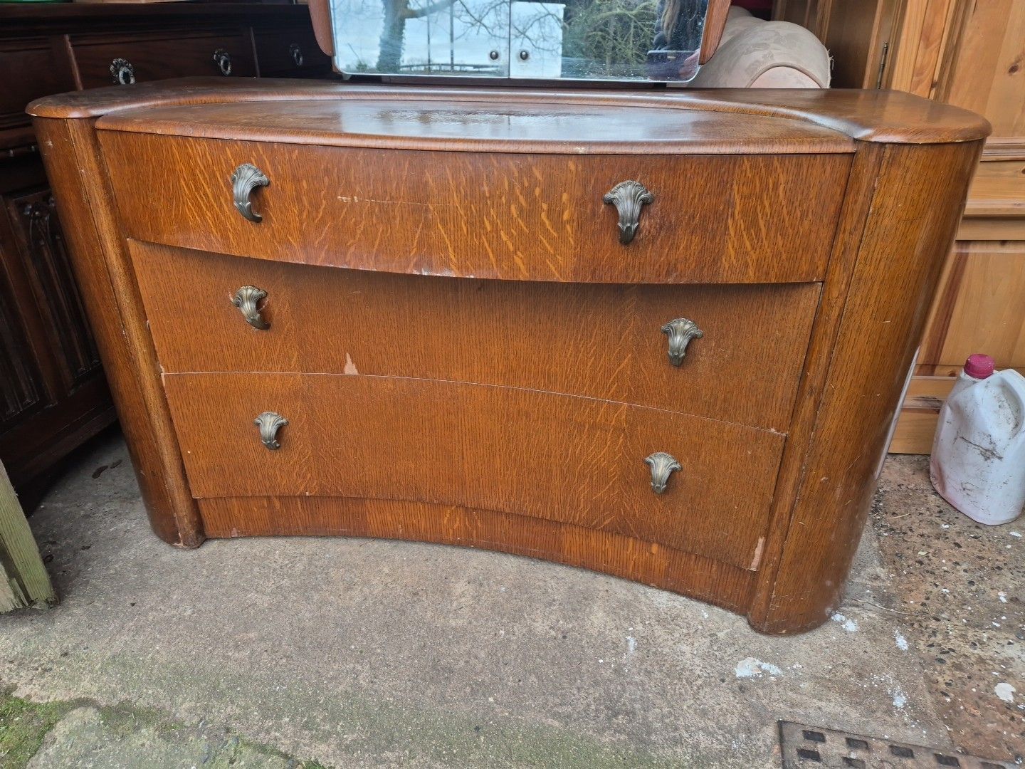 Vintage Bow Fronted Dressing Table / Chest Of 3 Drawers With Hidden Shelves photo for sale