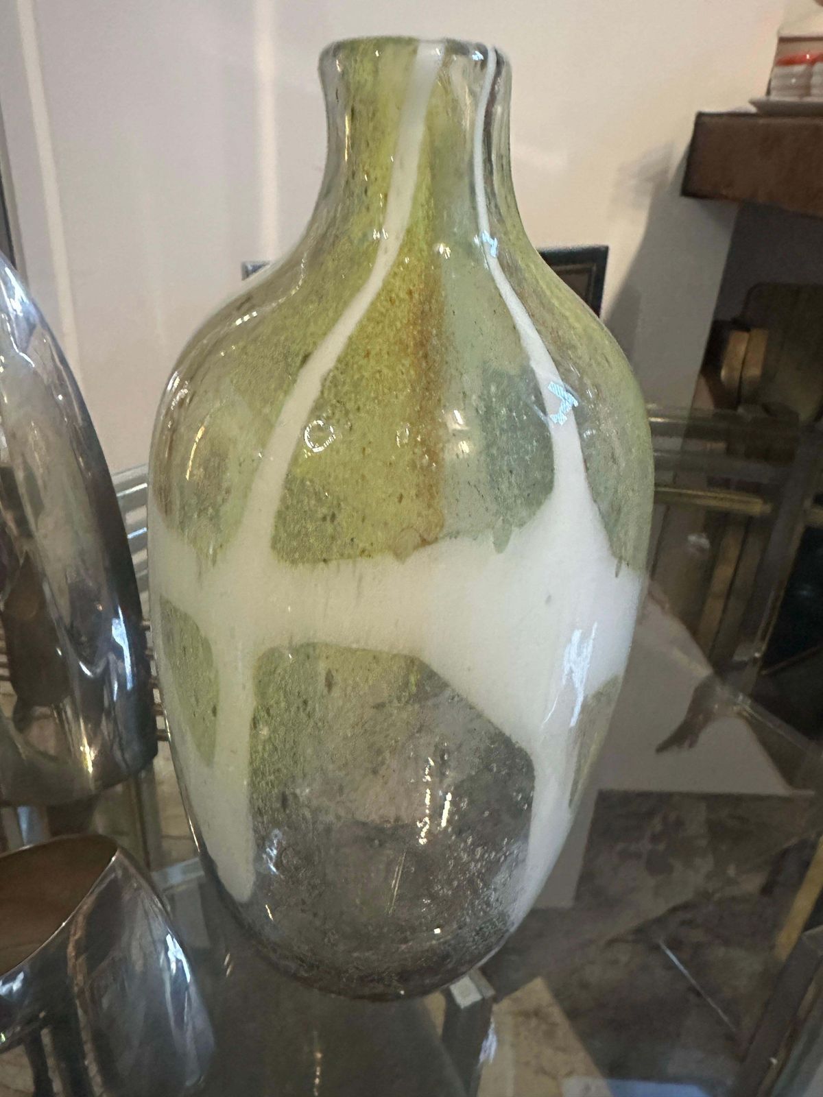 1980s Nason Style Modern Green And White Murano Glass Bottle Vase photo for sale