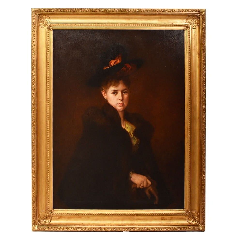 Antique Woman Portrait Painting, Elegant Female, Oil On Canvas, XIX Century.