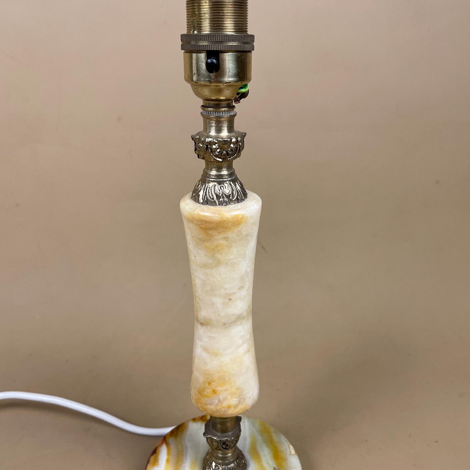 Antique Onyx Marble Lamp Light Beige Gold Brass Bedside Side Table Desk Marbled Patterned Vintage Downton Stone Heavy Round Base Classic photo for sale
