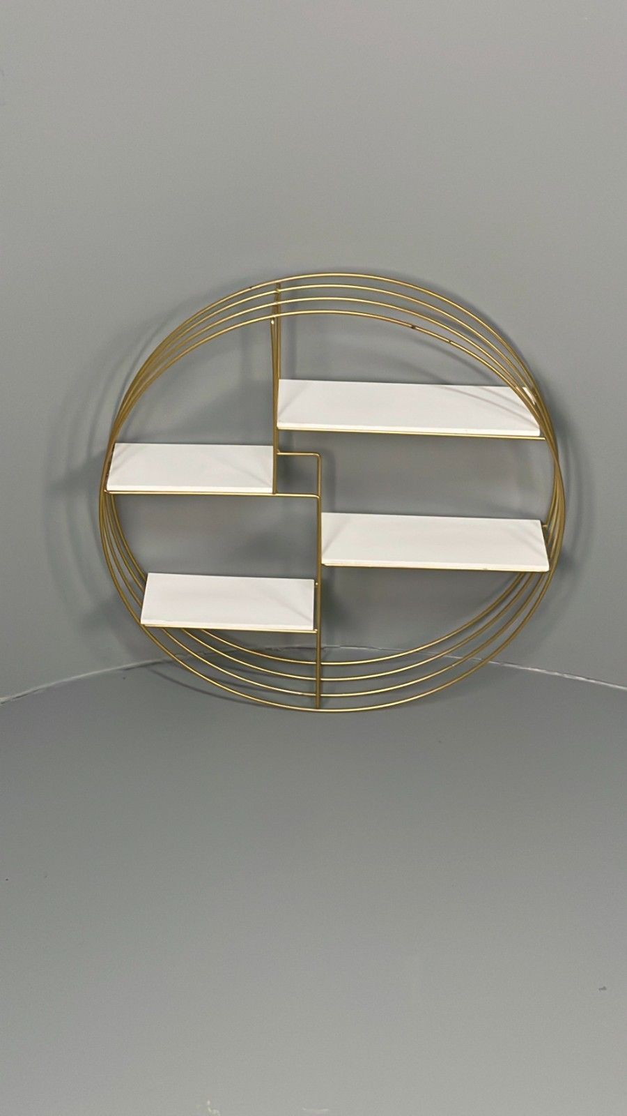 Vintage 1960s Round Shelving Wall Mounted Gold & White Wire Framed Eb11491 Mwoo photo for sale