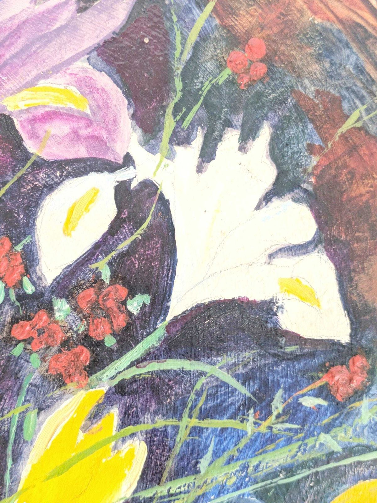 photo for sale Midcentury Round Floral Oil Painting On Board, Brass Rim, Spring Bouquet, Signed 1969