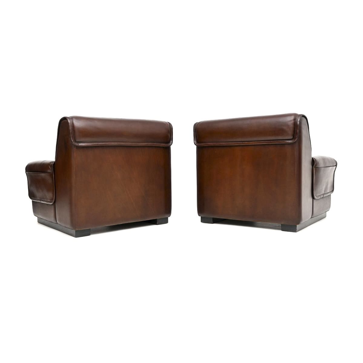 Furniture Pair Of Vintage Leather Armchairs And Stool By De Sede photo