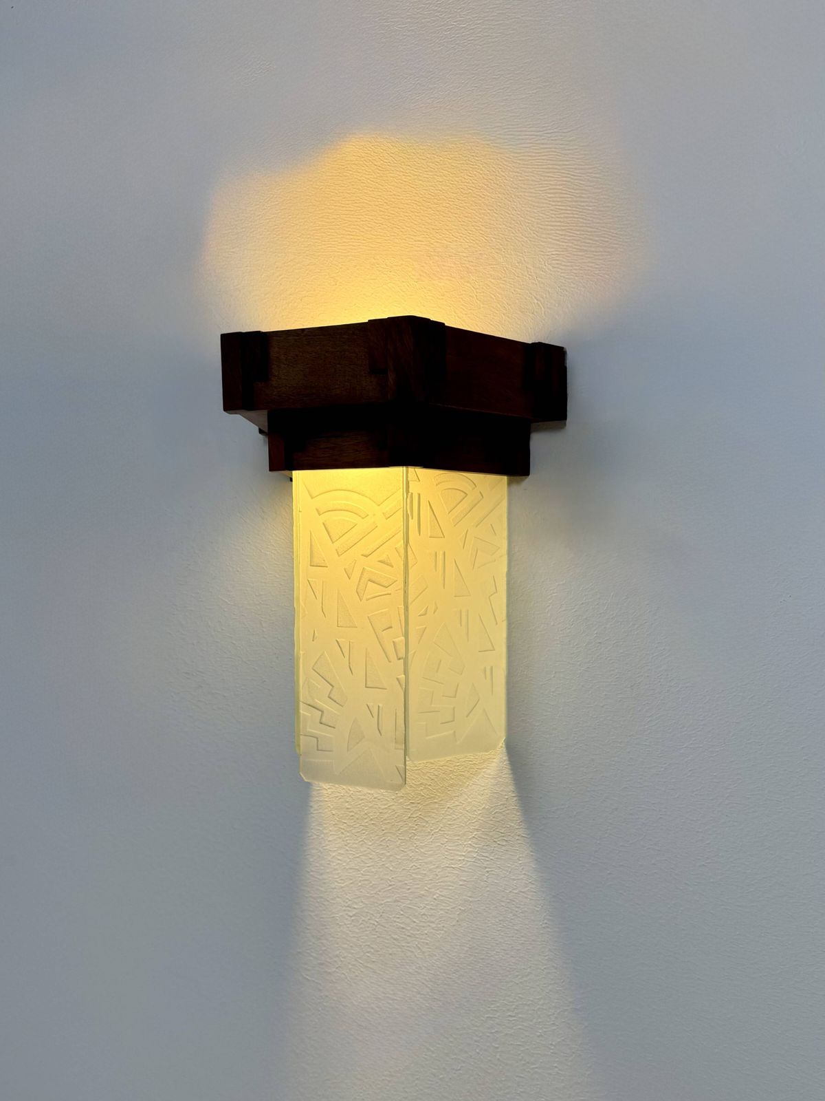 photo for sale Vintage Modernist Art Deco Wall Sconce Oak And Frosted Glass France 1930