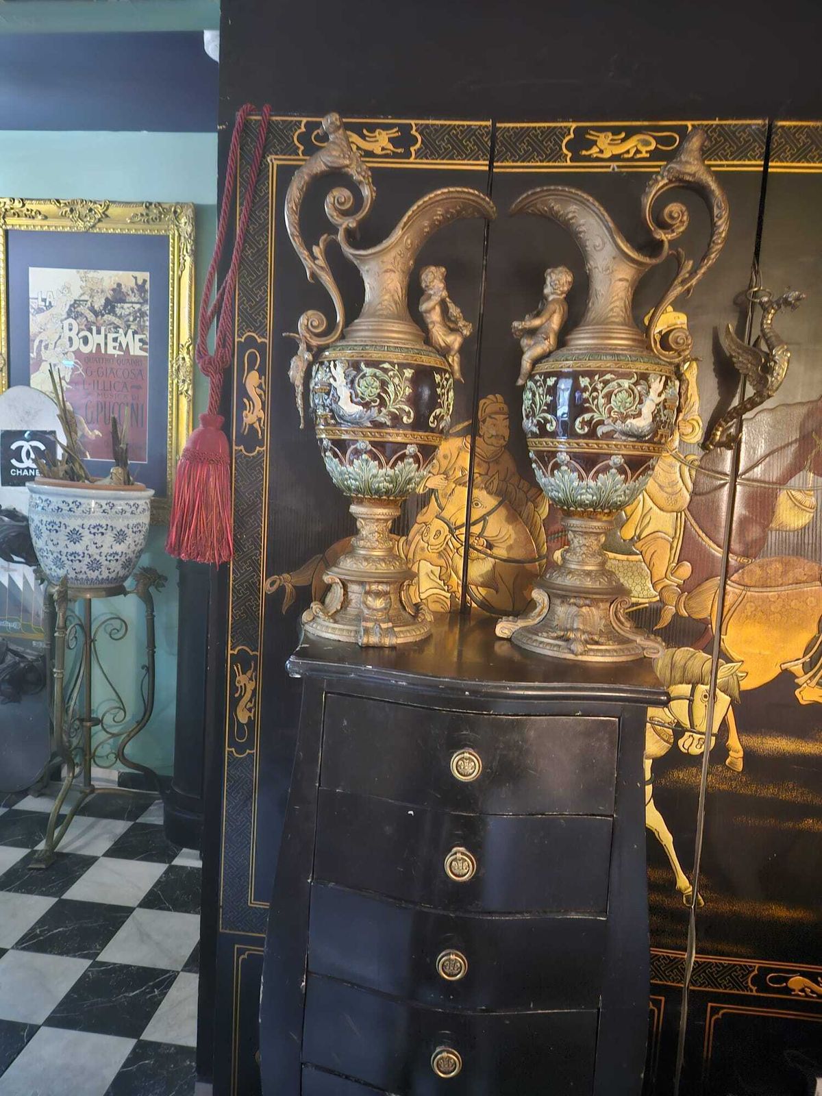 Pair Of Large 19th Century Majollica And Bronze Ewers