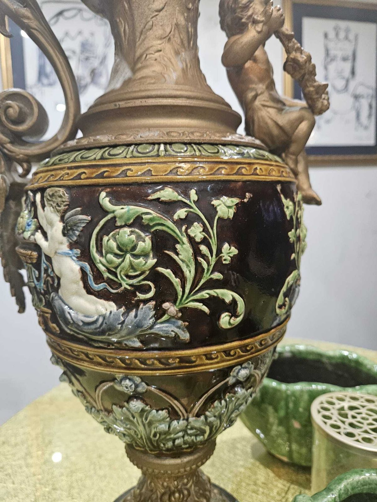 Pair Of Large 19th Century Majollica And Bronze Ewers photo furniture