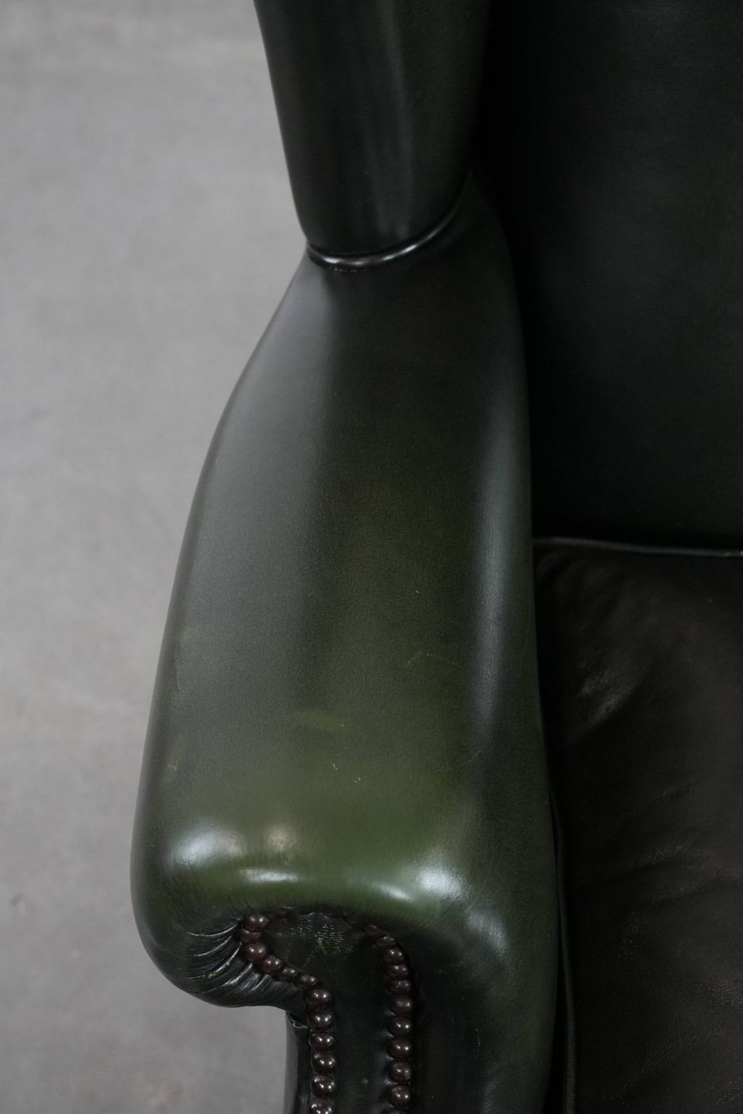 Beautiful Smooth Classic Cowhide Chesterfield Wing Chair In A Stylish Dark Green Color photo buy