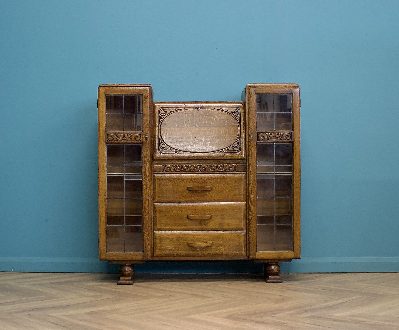 Vintage Oak Art Deco Glazed Bookcase Display Cabinet, 1930s #1702