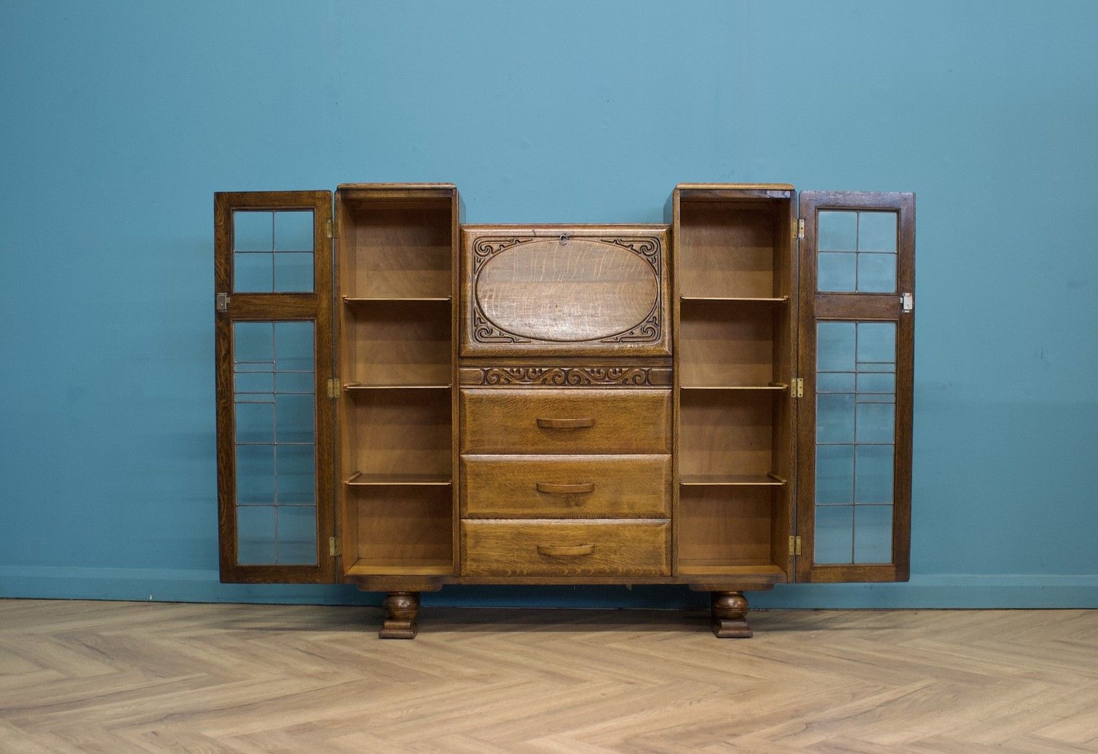 Vintage Oak Art Deco Glazed Bookcase Display Cabinet, 1930s #1702 photo furniture