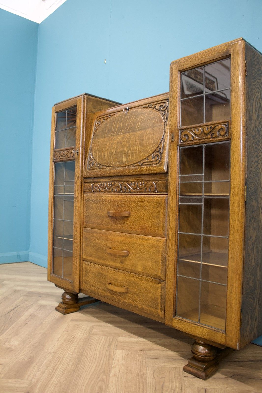 Vintage Oak Art Deco Glazed Bookcase Display Cabinet, 1930s #1702 photo 399.0