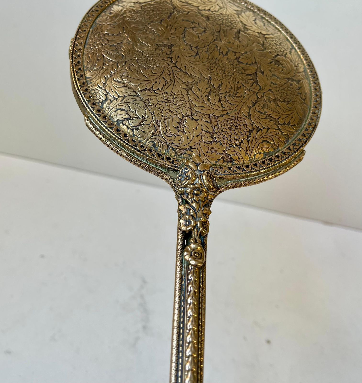Antique French Hand Mirror In Etched & Reticulated Bronze photo 257.0