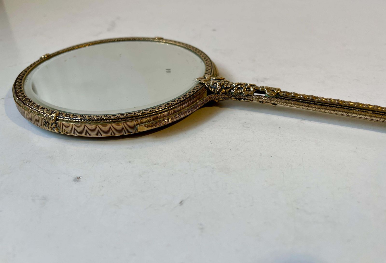 photo for sale Antique French Hand Mirror In Etched & Reticulated Bronze