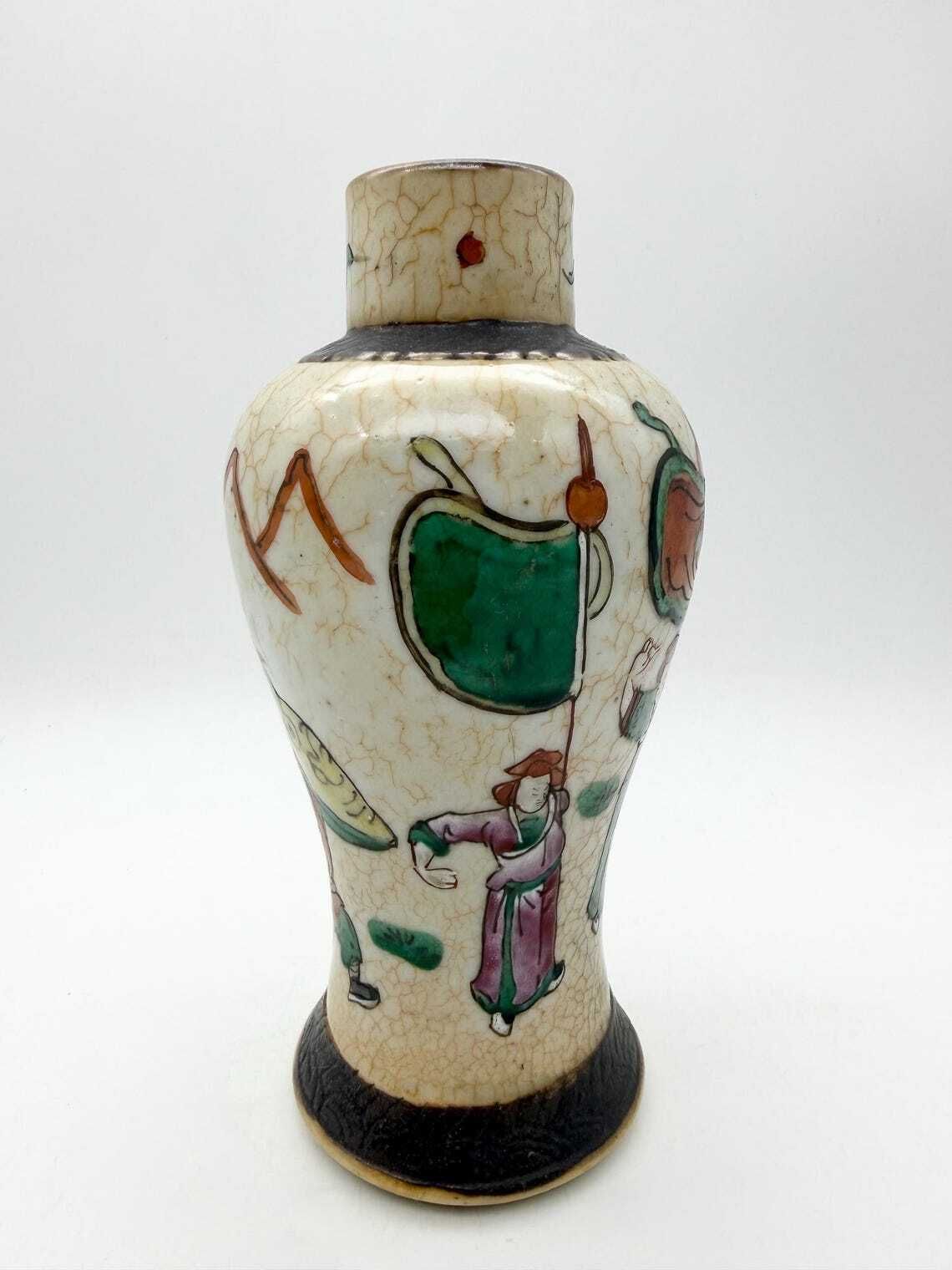 89.0 Antique Chinese Crackle Vase, Battle Scene Canton Style Vase Circa 1890 photo