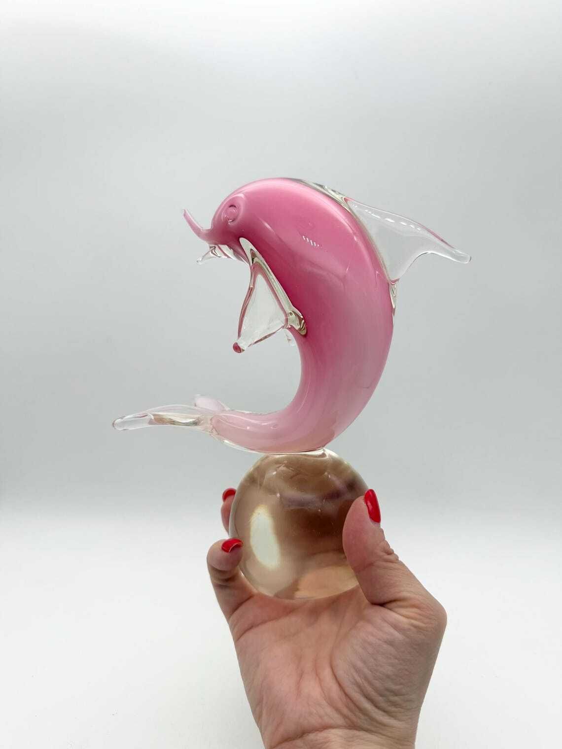 235.0 Murano Glass Pink Dolphin Ornament, Pink Glass Dolphin photo