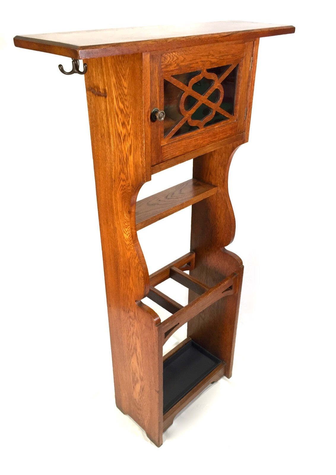 Antique Arts & Crafts Oak Wooden Entrance Hall Coat Stand / Umbrella Rack C.1900 photo furniture