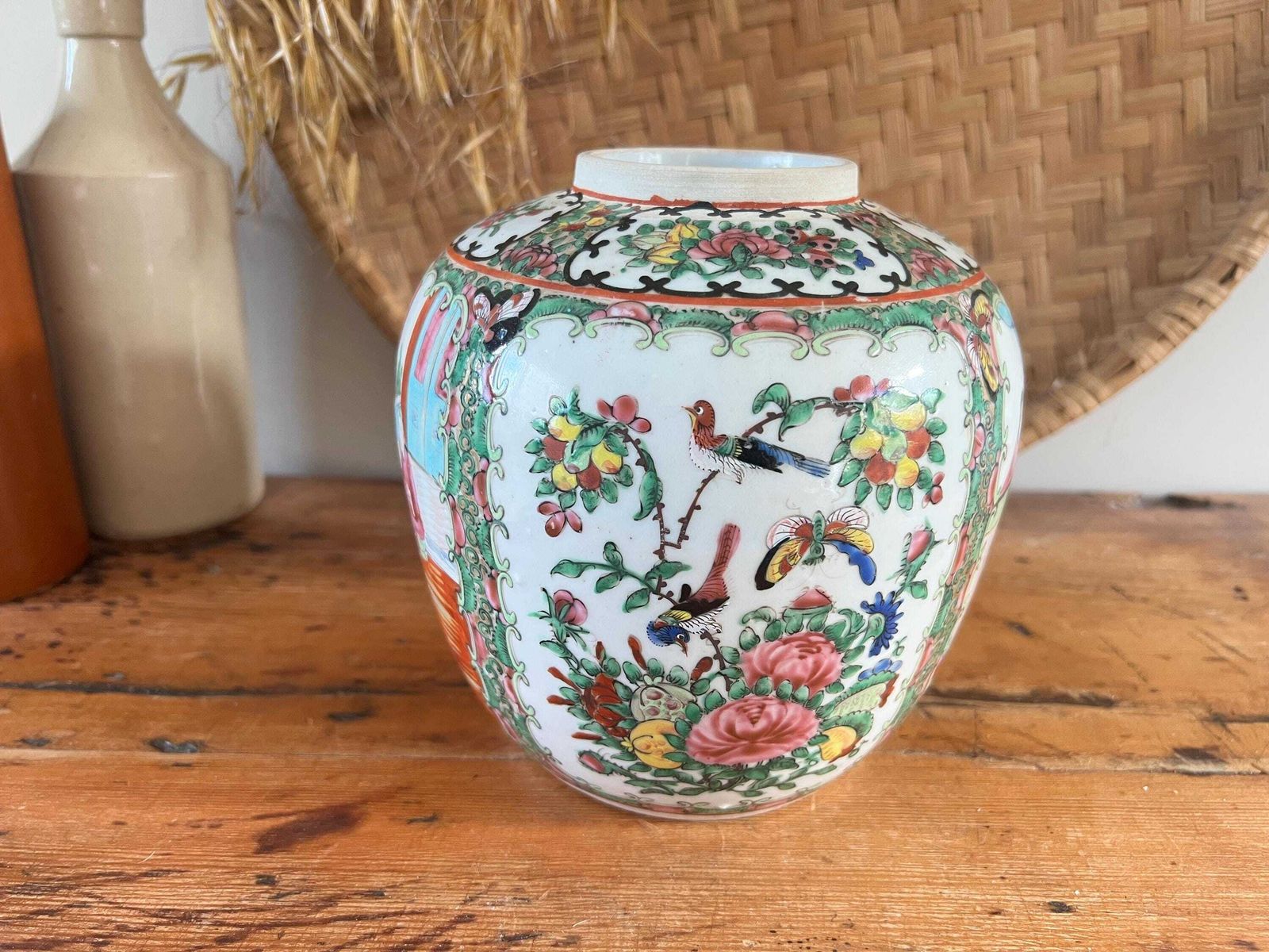 Antique Chinese Rose Medallion Ginger Jar 7" / 18cm – Hand Painted Famille Rose Porcelain – Oriental Chinoiserie Decor   Mid 19th Century