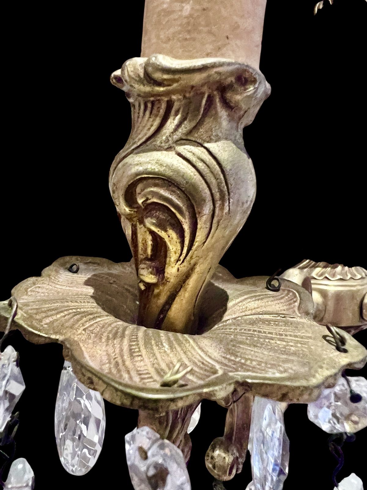 photo for sale A Pair Of Two Light French Gilt Brass And Crystal Antique Wall Lights
