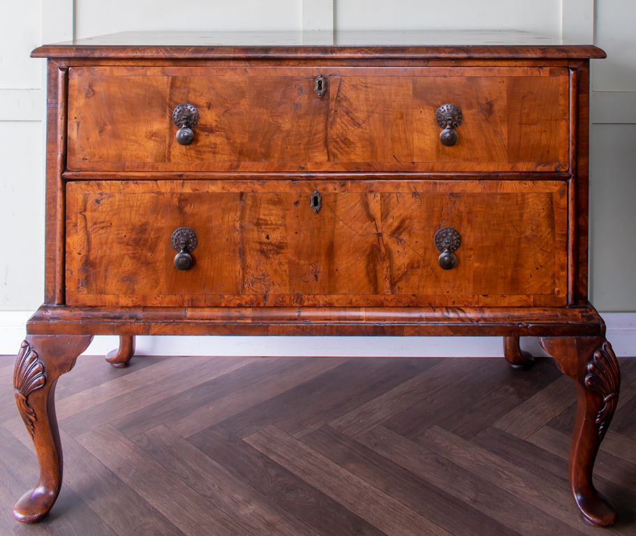 Queen Anne Inlaid Burr Walnut 2 Drawer Chest On Stand photo furniture