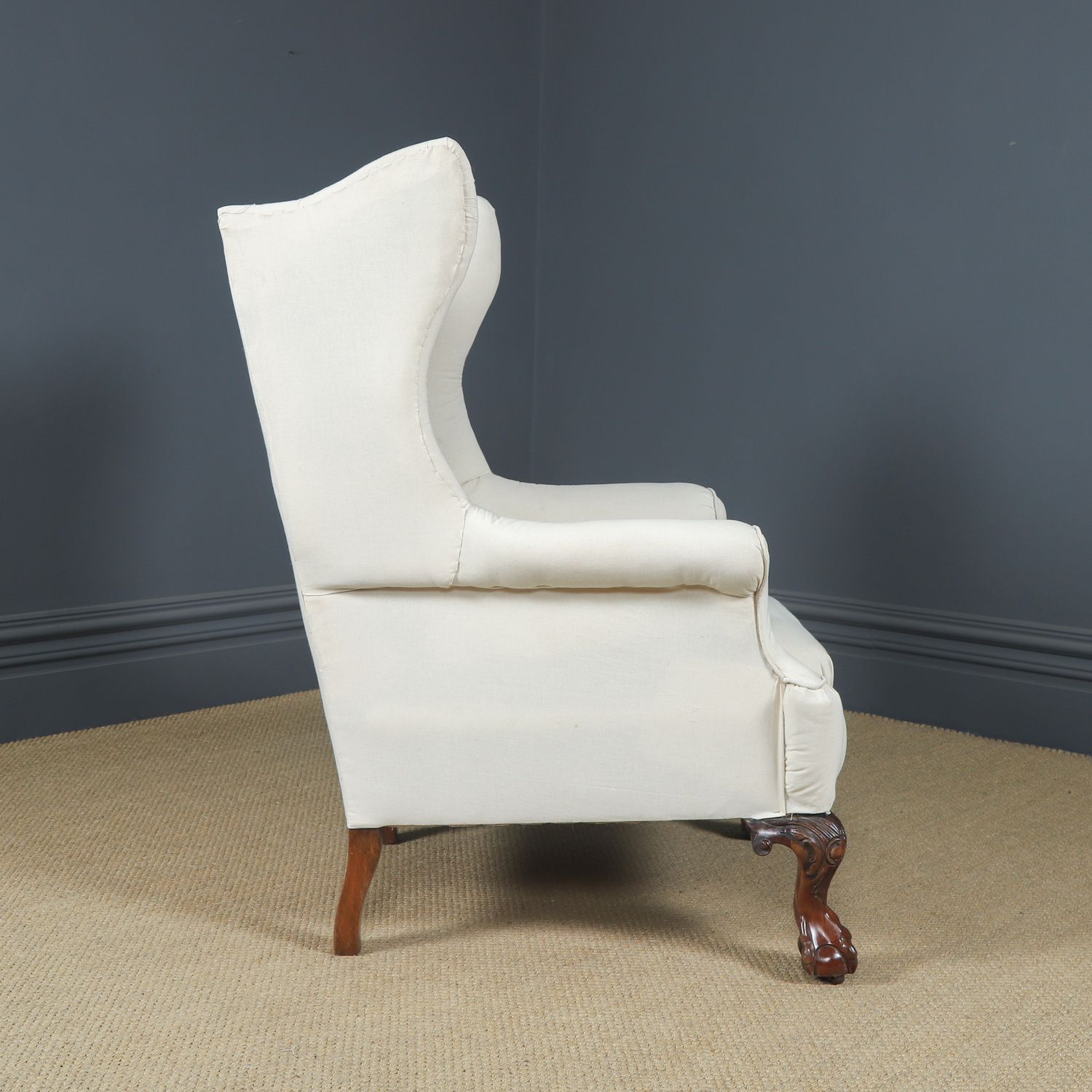 photo vintage Antique English Chippendale Style Mahogany Wingback Chair / Armchair To Calico Stage (Circa 1860)
