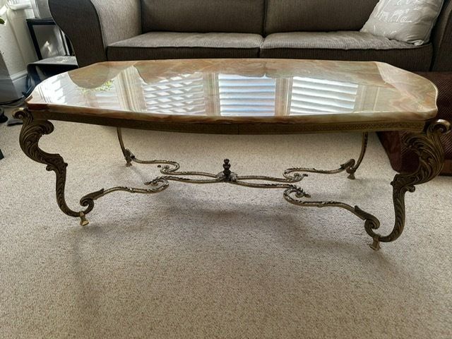 Vintage Coffee Table French Onyx Brass Ornate (Marble) photo for sale