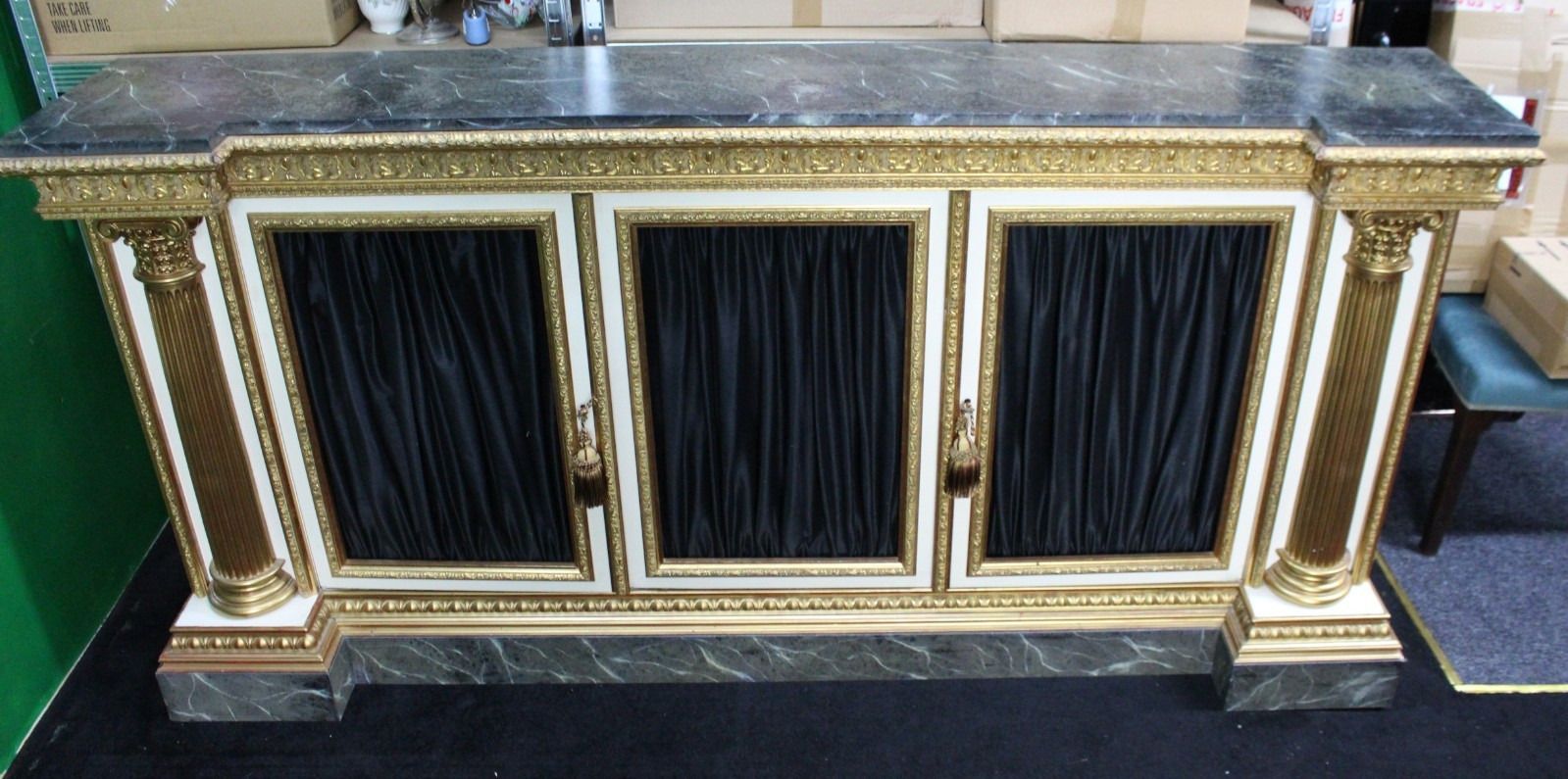 Large Neoclassical Style Gilt And Painted Credenza With Simulated Marble Top photo furniture
