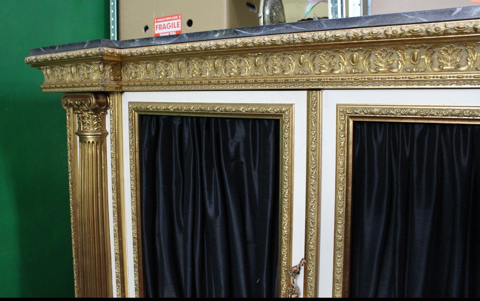 photo for sale Large Neoclassical Style Gilt And Painted Credenza With Simulated Marble Top