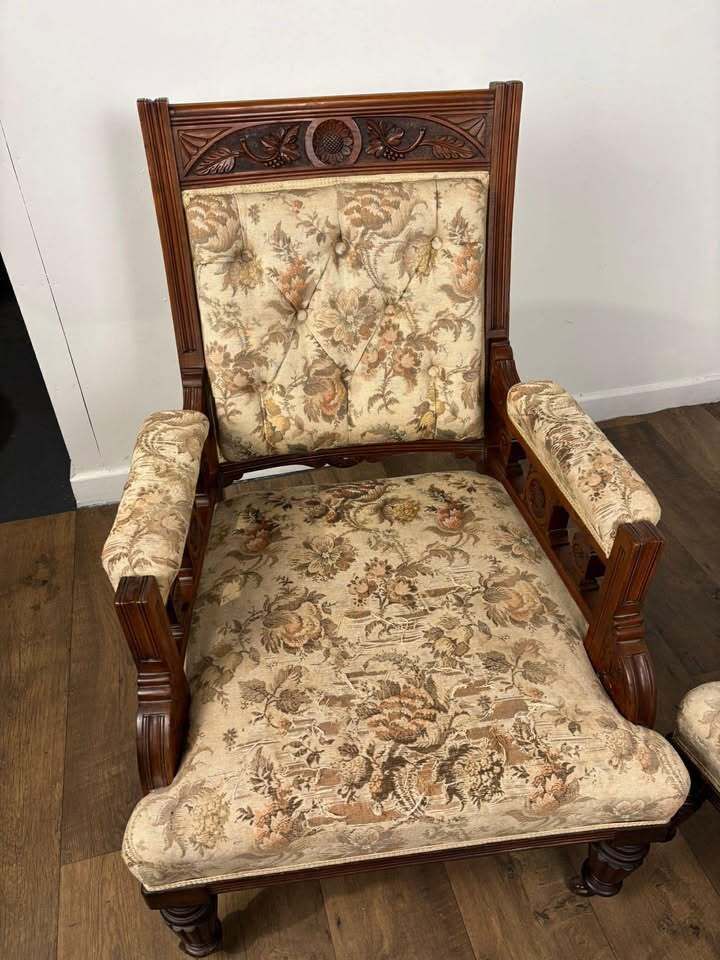Pair Of Victorian Carved Walnut Upholstered Library Armchairs photo vinterior