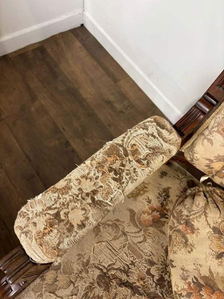 photo for sale Pair Of Victorian Carved Walnut Upholstered Library Armchairs
