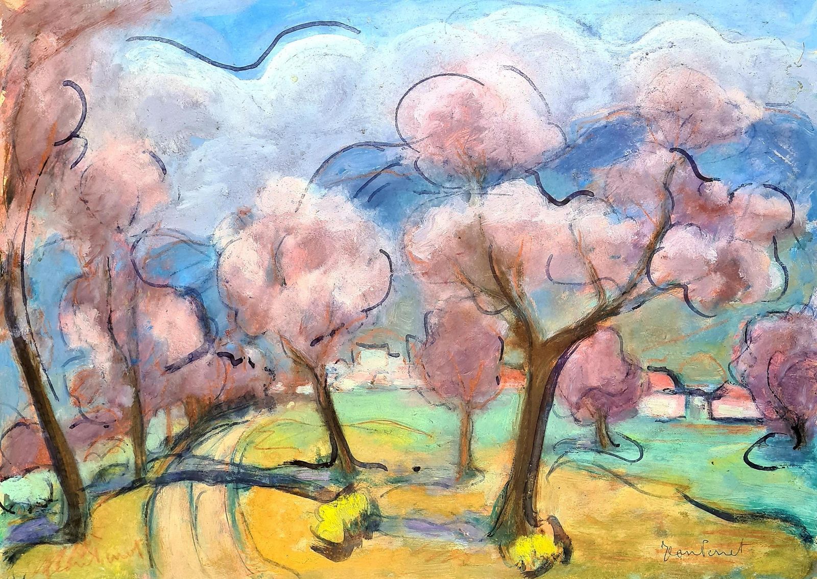 Jean Perretcherry Blossom, Fauvist Landscape Painting, Signed Gouache On Card, Mid Century