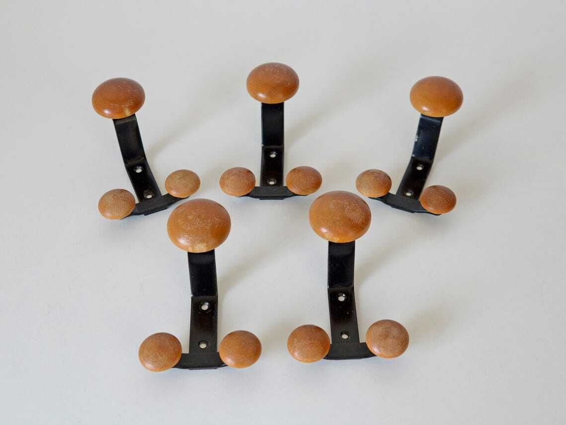 Vintage Hooks / Wood And Metal / Set Of 10 / Wall Coat Rack / Retro Hooks 1990's / Hat Rack / Towel Rack photo furniture