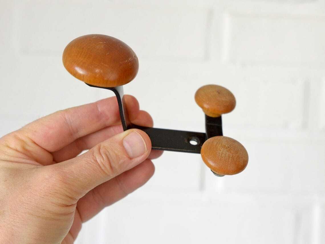 Vintage Hooks / Wood And Metal / Set Of 10 / Wall Coat Rack / Retro Hooks 1990's / Hat Rack / Towel Rack photo Furniture