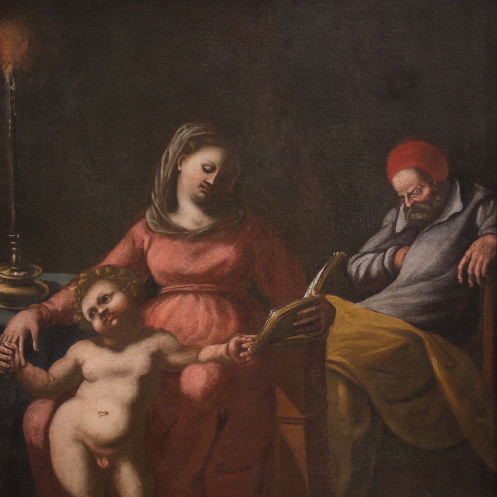 Antique Italian Painting From The 17th Century, Holy Family With Sleeping Saint Joseph photo Art