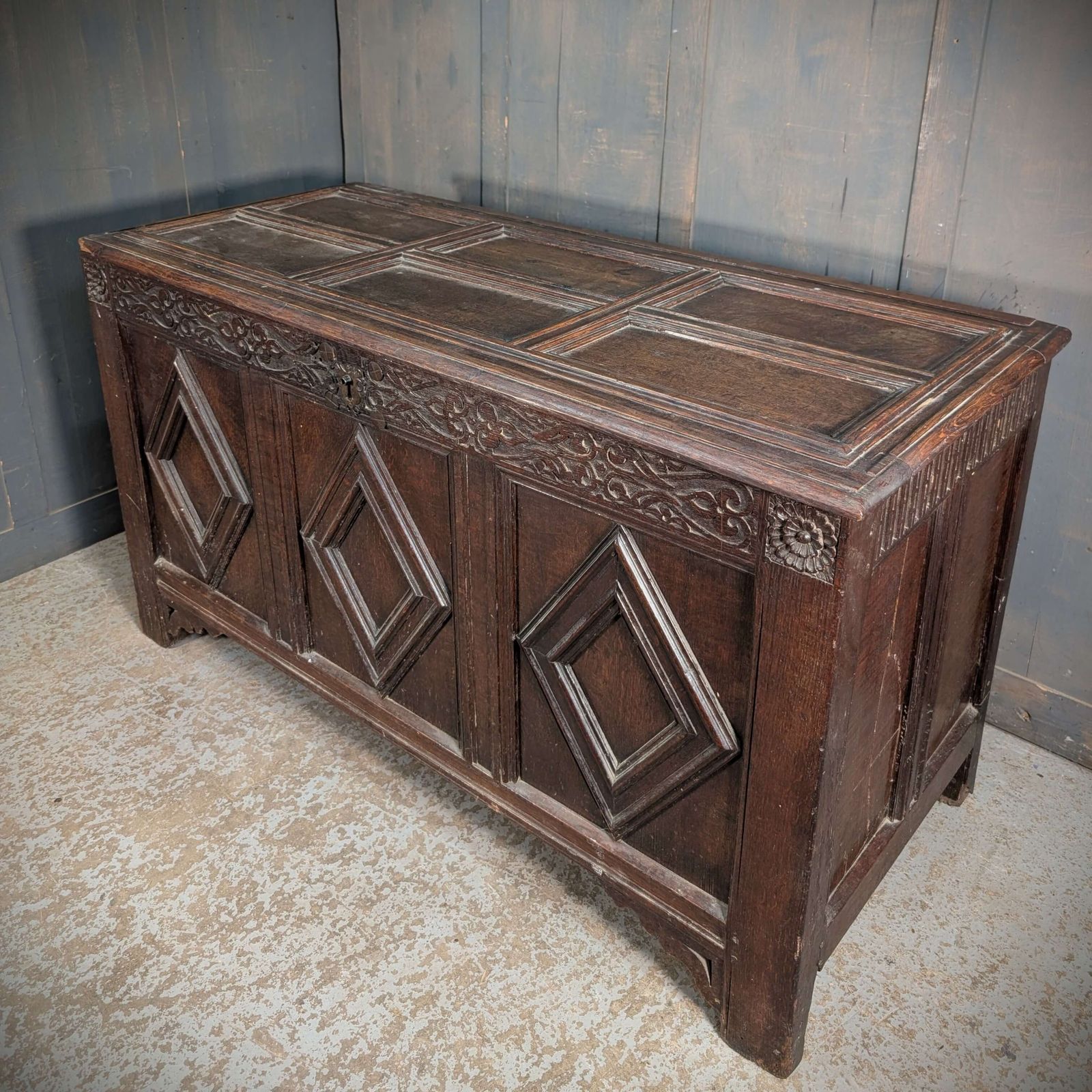 17th Century And Later Panelled Antique Oak Coffer With Diamond Panels