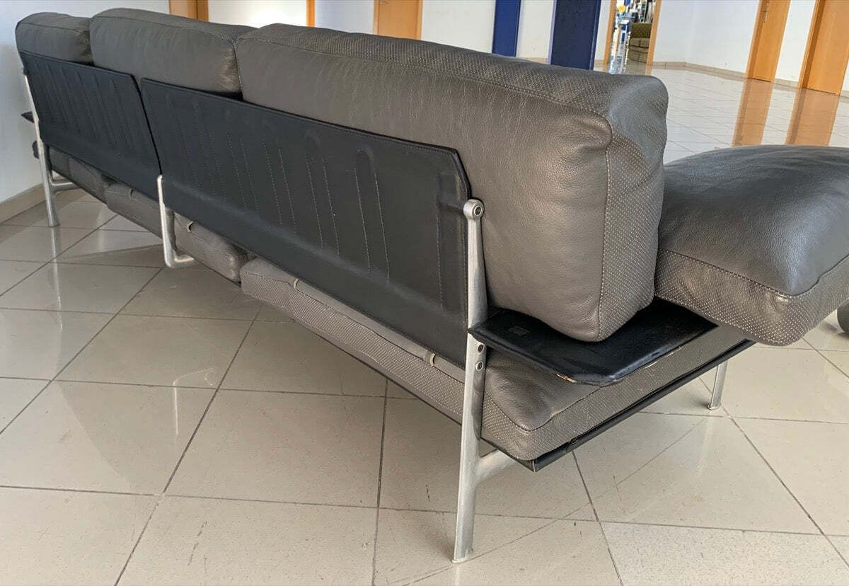 photo for sale Vintage B&B Italia Diesis 3 Seater Grey Perforated Leather & Brushed Steel Sofa By Antonio Citterio & Paulo Nava