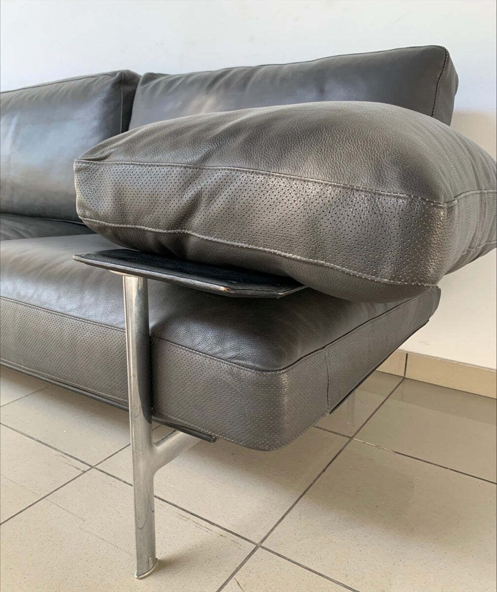 photo buy Vintage B&B Italia Diesis 3 Seater Grey Perforated Leather & Brushed Steel Sofa By Antonio Citterio & Paulo Nava