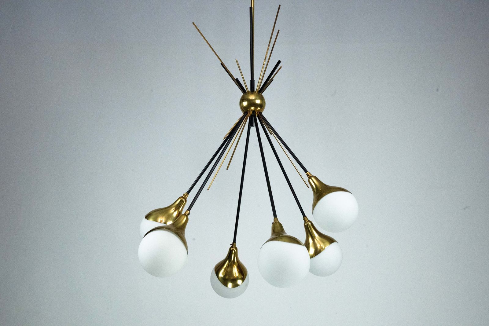 Mid Century Italian 6 Arm Stilnovo Brass And Opaline Glass Chandelier, 1950s photo for sale