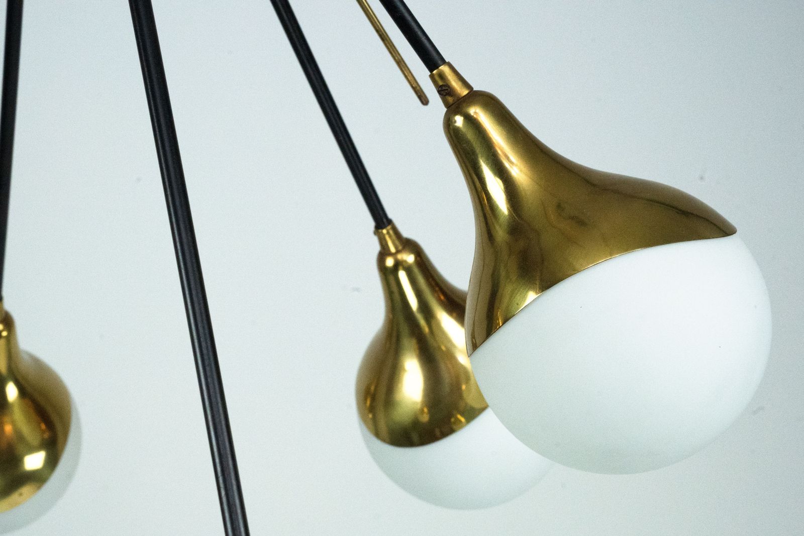 Mid Century Italian 6 Arm Stilnovo Brass And Opaline Glass Chandelier, 1950s photo vinterior