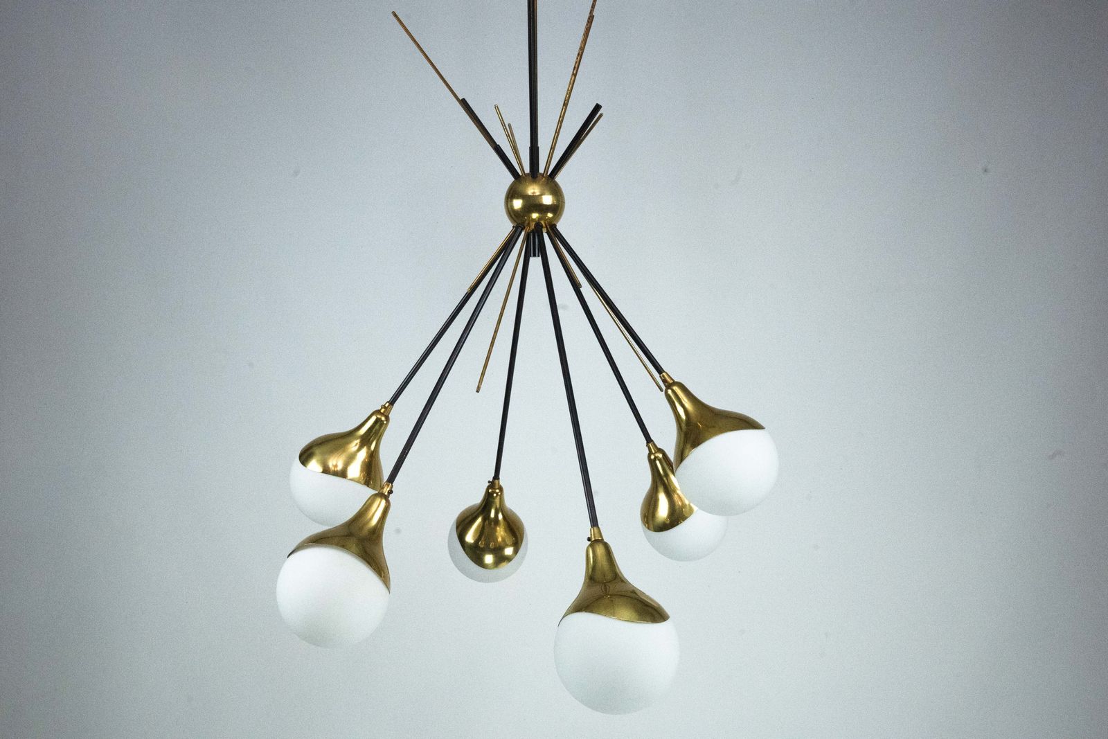 Mid Century Italian 6 Arm Stilnovo Brass And Opaline Glass Chandelier, 1950s photo vintage