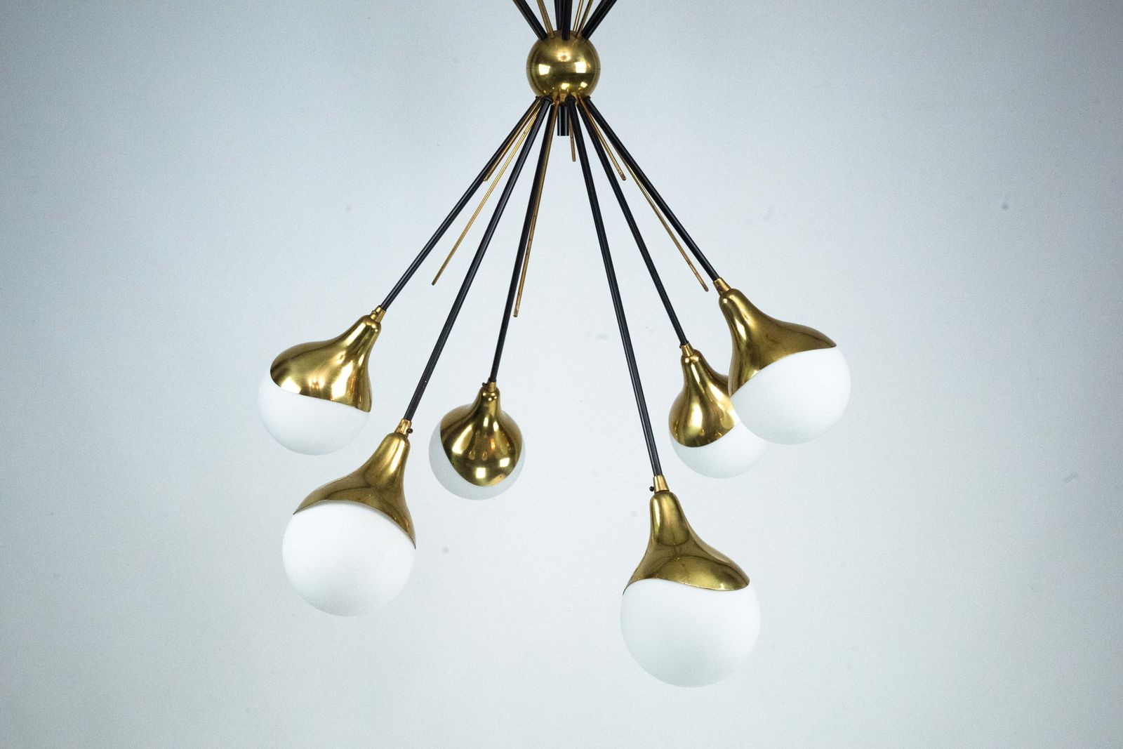 photo furniture Mid Century Italian 6 Arm Stilnovo Brass And Opaline Glass Chandelier, 1950s