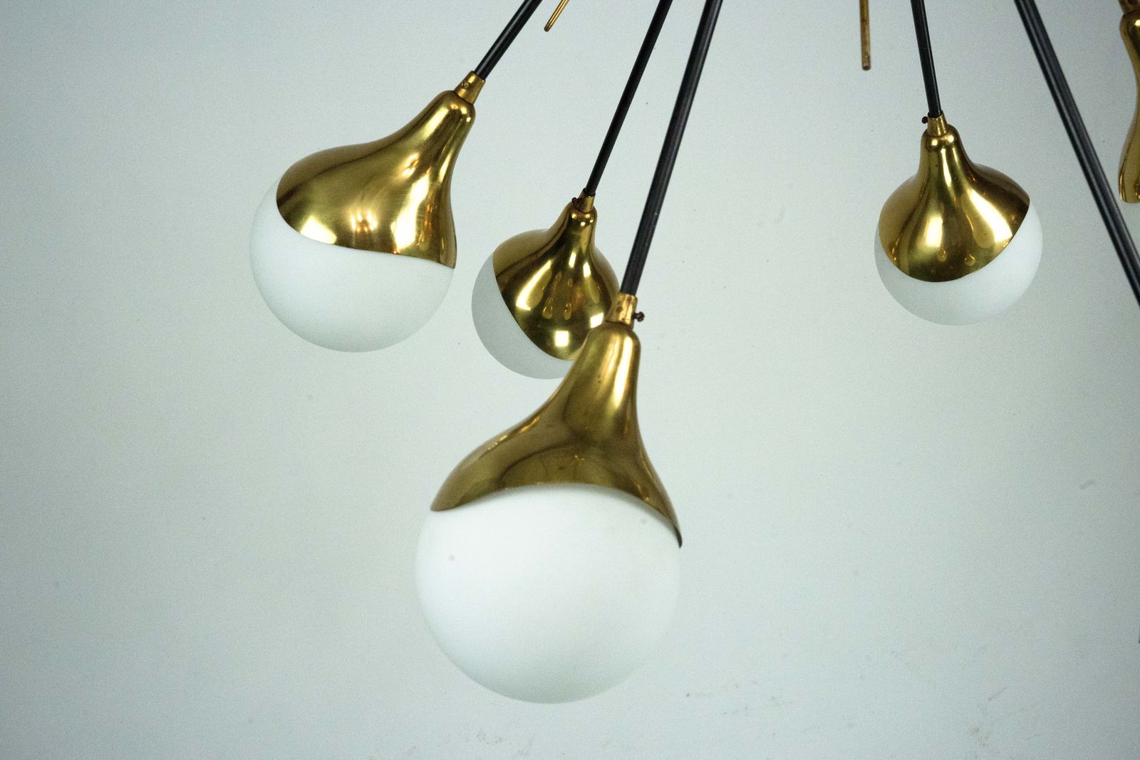 Lighting Mid Century Italian 6 Arm Stilnovo Brass And Opaline Glass Chandelier, 1950s photo