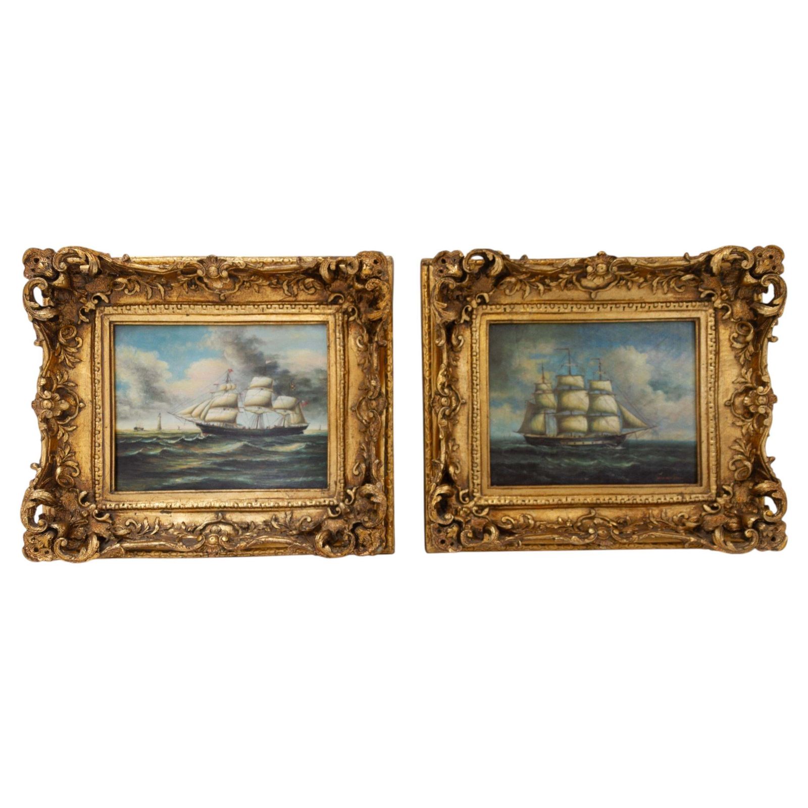 Marine Oil Paintings Of Sail Ships In Gilded Frame, 20th Century. Set Of 2.